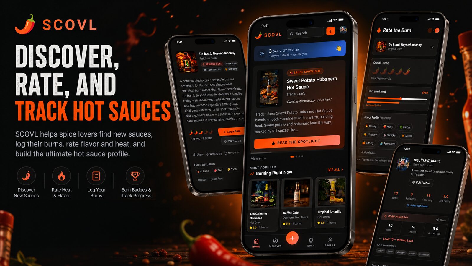 Scovl app — discover, rate, and track hot sauces. Three phone mockups showing the sauce catalog, a check-in card, and the burn rating screen.